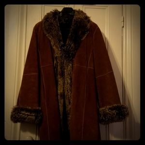 Full length suede with fur trim winter coat